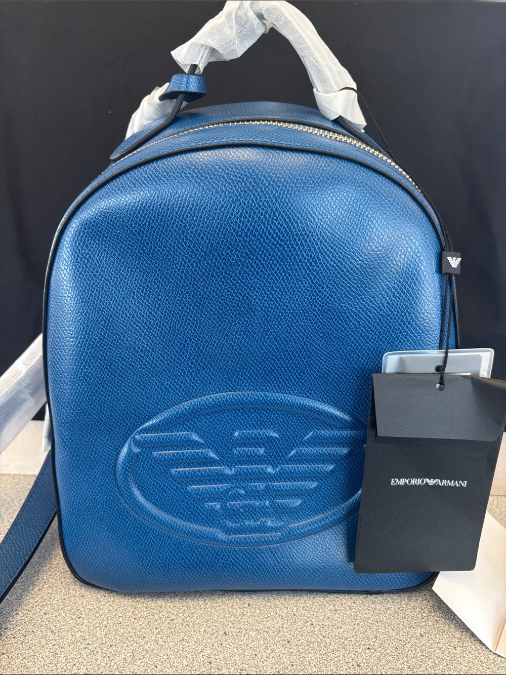 Emporio Armani Unisex Textured Royal Blue Leather Backpack